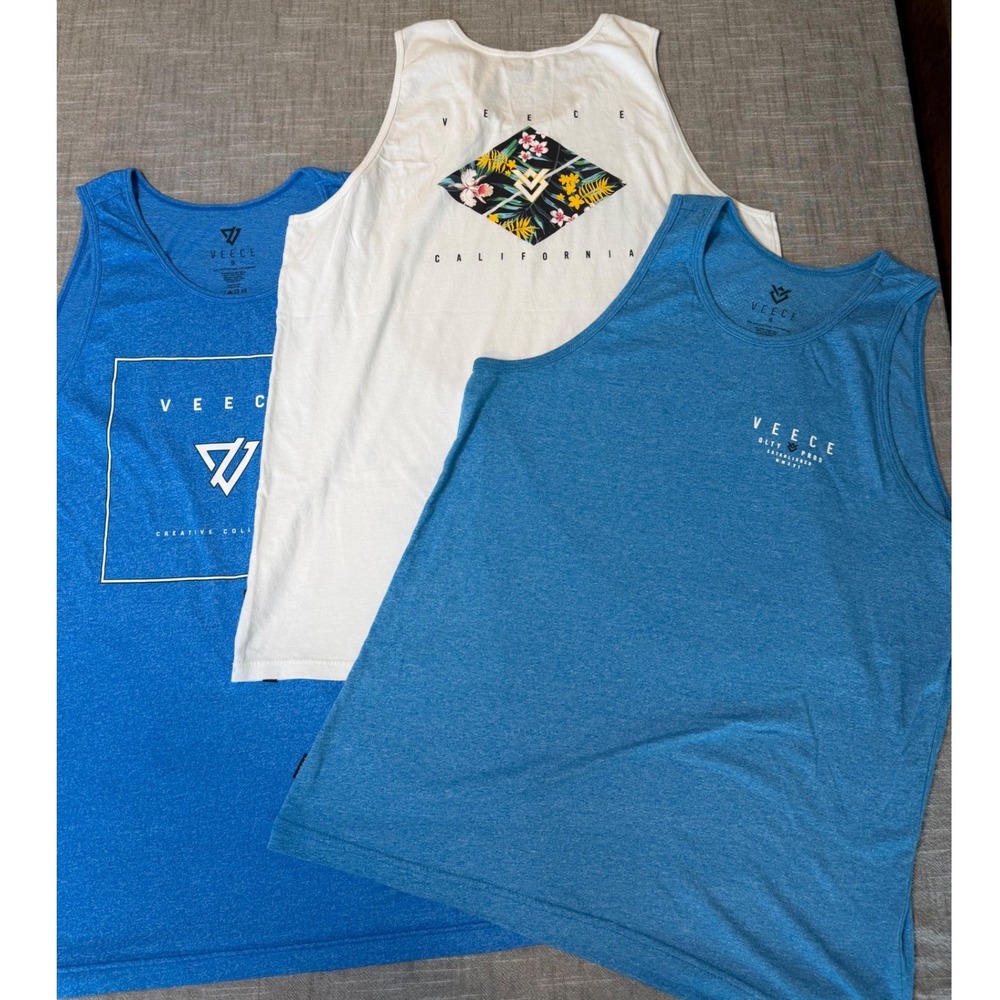 Veece Mens Graphic Tank Top Bundle Set of‎ 3 Blue White Small Floral Surf Beach